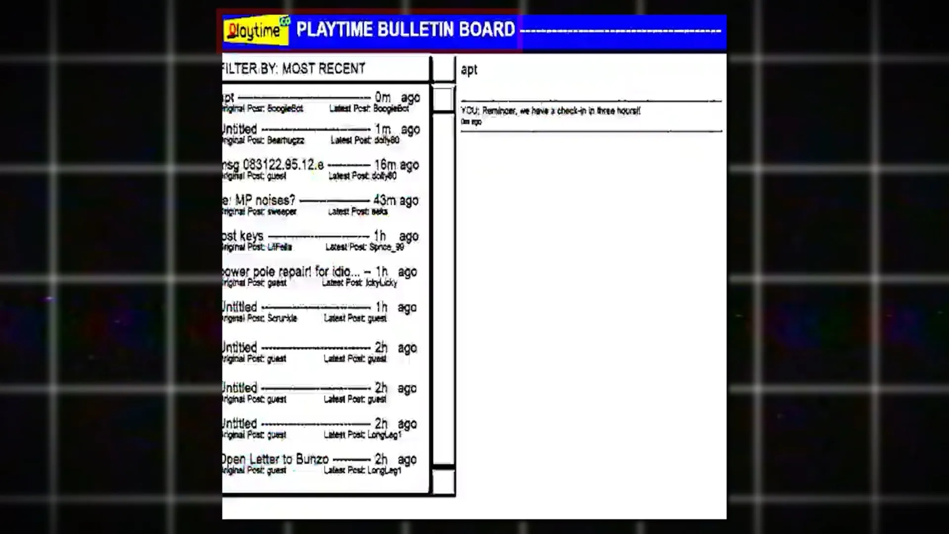 Escape from Playtime Playtime Bulletin Board on a computer